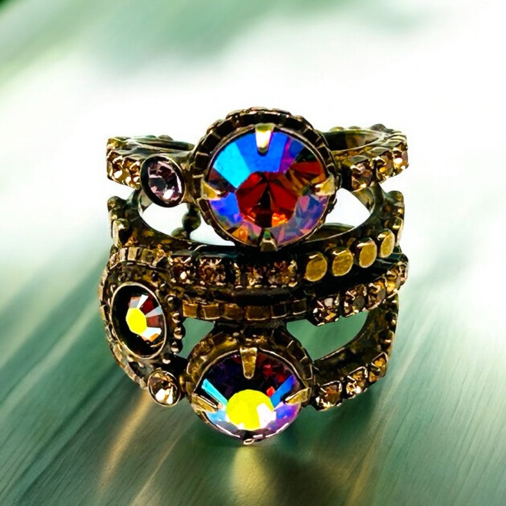 Gorgeous Sorrelli Stacked Crystal Antique Bronze Adjustable Ring Size 6-7